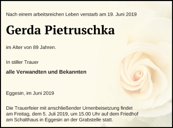Traueranzeige von Gerda Pietruschka von Haff-Zeitung