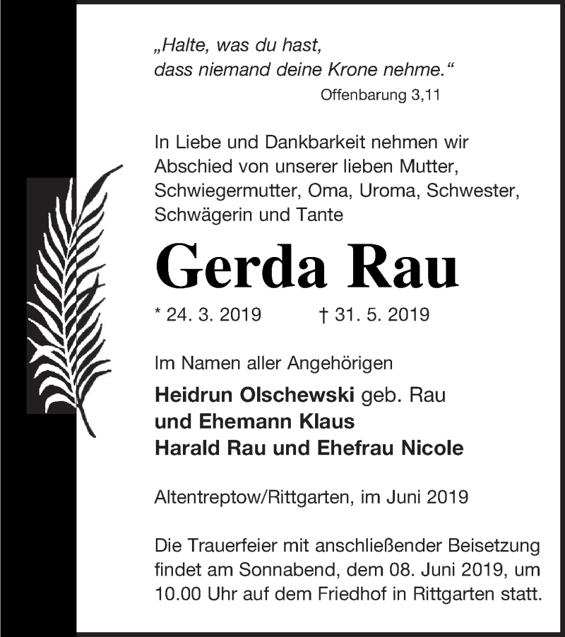  Traueranzeige für Gerda Rau vom 04.06.2019 aus Neubrandenburger Zeitung