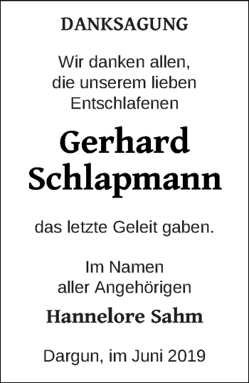 Traueranzeige von Gerhard Schlapmann von Mecklenburger Schweiz