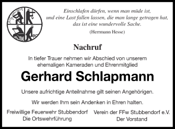 Traueranzeige von Gerhard Schlapmann von Mecklenburger Schweiz