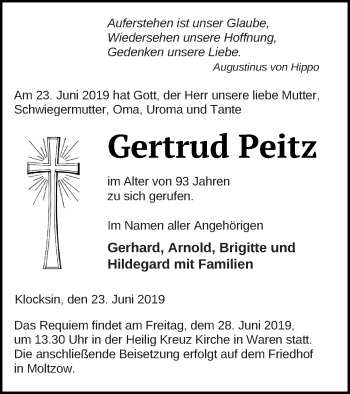 Traueranzeige von Gertrud Peitz von Müritz-Zeitung