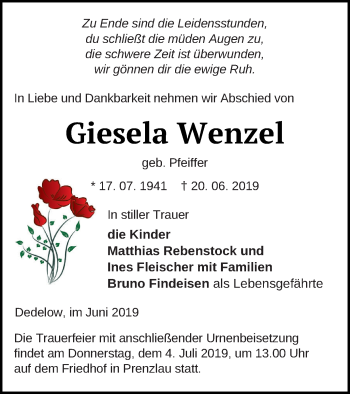 Traueranzeige von Giesela Wenzel von Prenzlauer Zeitung