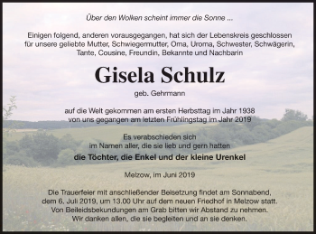 Traueranzeige von Gisela Schulz von Prenzlauer Zeitung