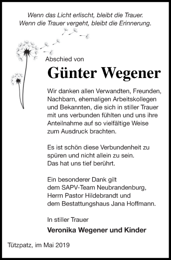 Traueranzeige von Günter Wegener von Neubrandenburger Zeitung