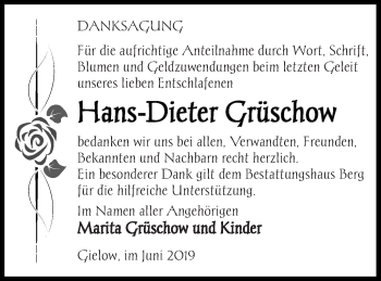 Traueranzeige von Hans-Dieter Grüschow von Mecklenburger Schweiz