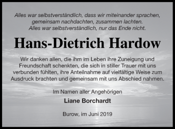 Traueranzeige von Hans-Dietrich Hardow von Neubrandenburger Zeitung