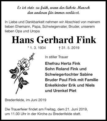 Traueranzeige von Hans Gerhard Fink von Strelitzer Zeitung