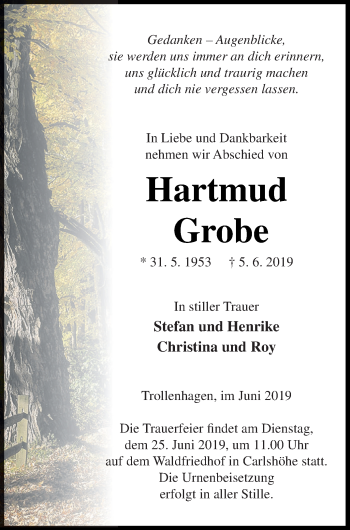 Traueranzeige von Hartmud Grobe von Neubrandenburger Zeitung