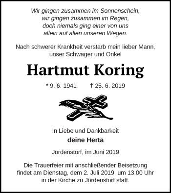 Traueranzeige von Hartmut Koring von Mecklenburger Schweiz