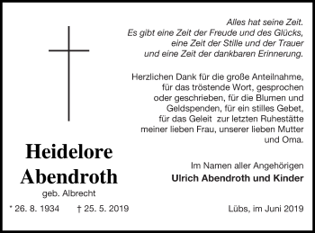 Traueranzeige von Heidelore Abendroth von Haff-Zeitung