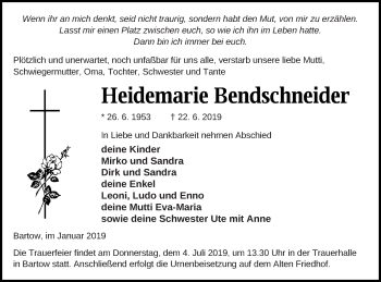 Traueranzeige von Heidemarie Bendschneider von Neubrandenburger Zeitung