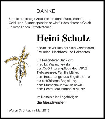 Traueranzeige von Heini Schulz von Müritz-Zeitung