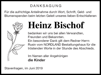 Traueranzeige von Heinz Bischof von Mecklenburger Schweiz