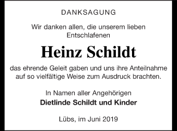 Traueranzeige von Heinz Schildt von Vorpommern Kurier