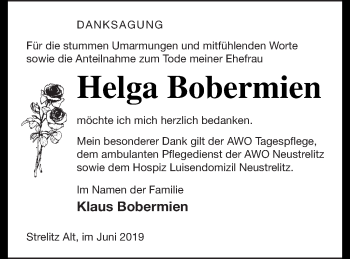 Traueranzeige von Helga Bobermien von Strelitzer Zeitung