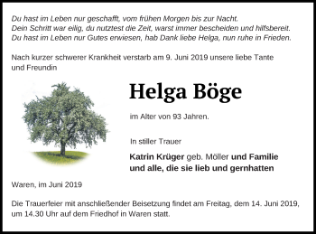 Traueranzeige von Helga Böge von Müritz-Zeitung