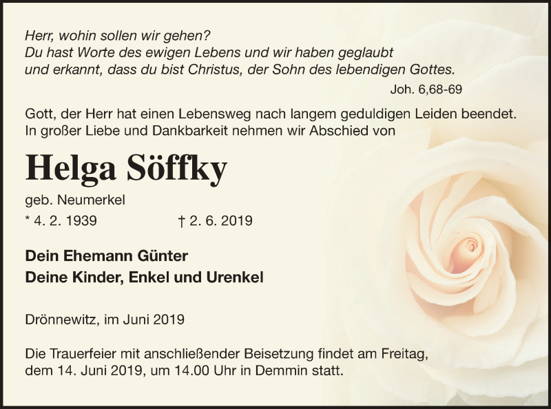  Traueranzeige für Helga Söffky vom 04.06.2019 aus Demminer Zeitung
