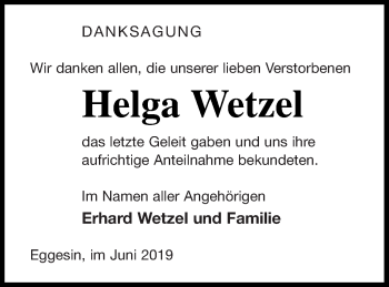Traueranzeige von Helga Wetzel von Haff-Zeitung