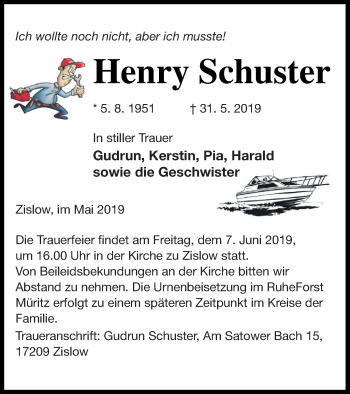 Traueranzeige von Henry Schuster von Müritz-Zeitung