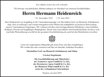 Traueranzeige von Hermann Heidenreich von Vorpommern Kurier