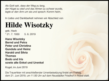 Traueranzeige von Hilde Wisotzky von Müritz-Zeitung