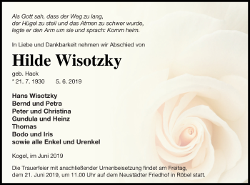 Traueranzeige von Hilde Wisotzky von Müritz-Zeitung