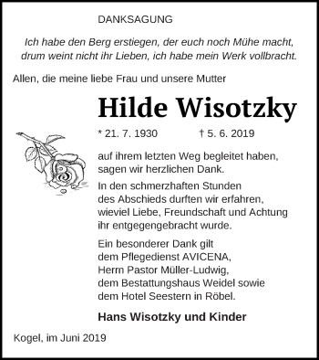 Traueranzeige von Hilde Wisotzky von Müritz-Zeitung