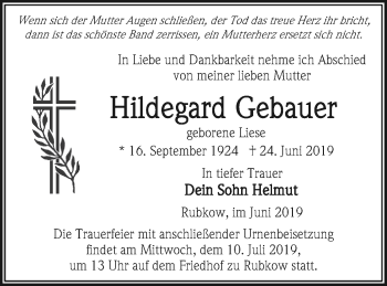 Traueranzeige von Hildegard Gebauer von Vorpommern Kurier