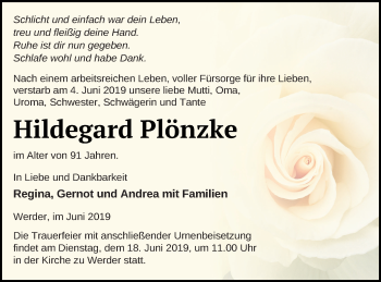 Traueranzeige von Hildegard Plönzke von Neubrandenburger Zeitung