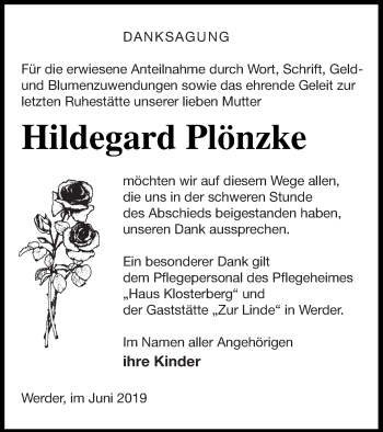 Traueranzeige von Hildegard Plönzke von Neubrandenburger Zeitung