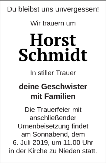 Traueranzeige von Horst Schmidt von Pasewalker Zeitung