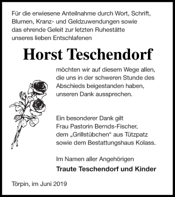 Traueranzeige von Horst Teschendorf von Demminer Zeitung