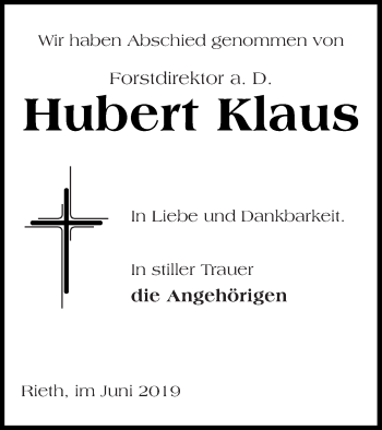 Traueranzeige von Hubert Klaus von Haff-Zeitung