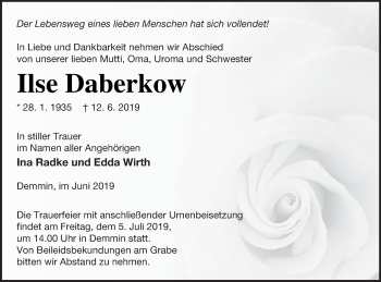 Traueranzeige von Ilse Daberkow von Demminer Zeitung