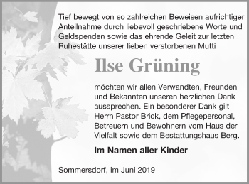 Traueranzeige von Ilse Grüning von Demminer Zeitung