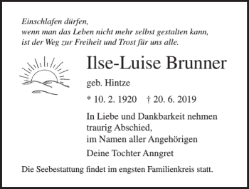 Traueranzeige von Ilse-Luise Brunner von Norddeutsche Neueste Nachrichten