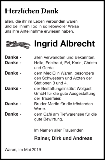 Traueranzeige von Ingrid Albrecht von Müritz-Zeitung