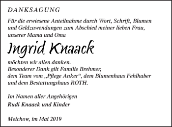 Traueranzeige von Ingrid Knaack von Prenzlauer Zeitung