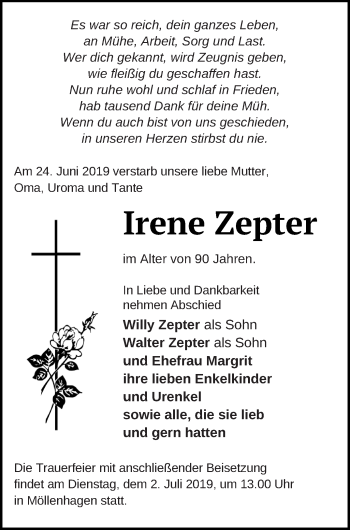 Traueranzeige von Irene Zepter von Müritz-Zeitung