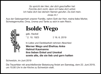 Traueranzeige von Isolde Wego von Mecklenburger Schweiz