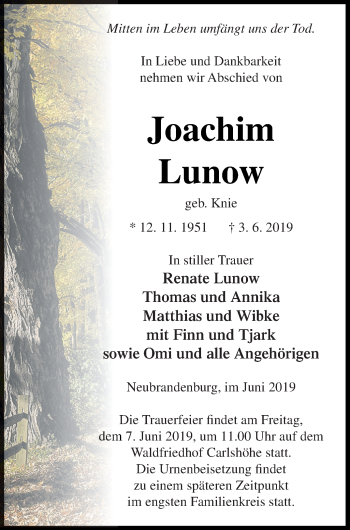 Traueranzeige von Joachim Lunow von Neubrandenburger Zeitung