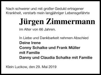 Traueranzeige von Jürgen Zimmermann von Pasewalker Zeitung