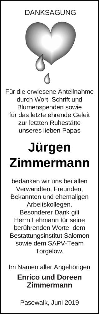 Traueranzeige von Jürgen Zimmermann von Pasewalker Zeitung