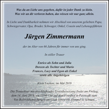 Traueranzeige von Jürgen Zimmermann von Pasewalker Zeitung