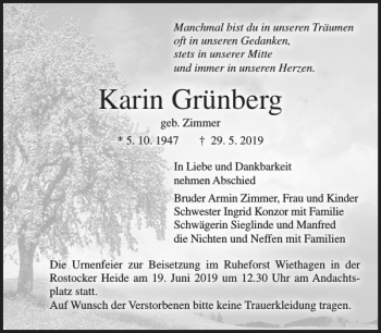 Traueranzeige von Karin Grünberg von Norddeutsche Neueste Nachrichten