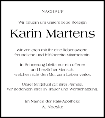 Traueranzeige von Karin Martens von Mecklenburger Schweiz