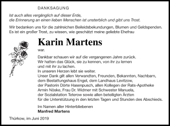 Traueranzeige von Karin Martens von Mecklenburger Schweiz