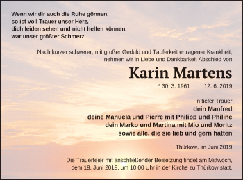 Traueranzeige von Karin Martens von Mecklenburger Schweiz