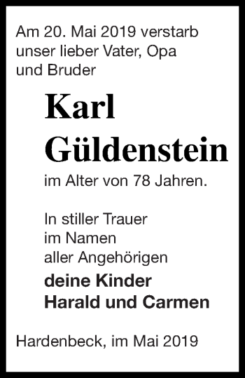 Traueranzeige von Karl Güldenstein von Templiner Zeitung