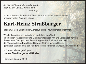 Traueranzeige von Karl-Heinz Straßburger von Haff-Zeitung